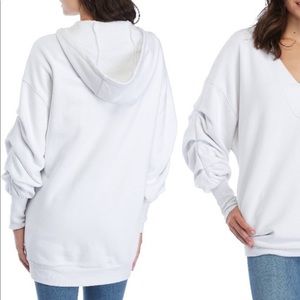 Free People Ruched Sleeve Oversized Hoodie Sweater terry v neck pockets heavy